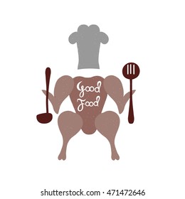 Good food. Hand lettering for restaurants, cafe, menu. ?hicken, skimmer and spoon.