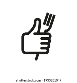 A good food icon. A hand with the thumb raised up and a fork in the hands. Simple linear vector illustration on a white background.