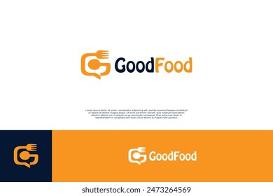 Diseño de logotipo de buena comida. Combinación de letra G con logotipo de charla y tenedor