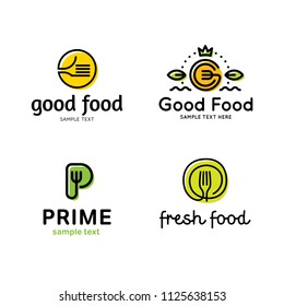 Good food logo design template set. Vector color fork illustration background. Graphic prime icon for cafe, restaurant, cooking business. Modern linear catering label, emblem, badge of fresh products