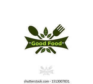 Good Food logo design template. Vector  illustration background. Graphic fork icon symbol for cafe, restaurant, cooking business. Modern catering label, emblem, badge