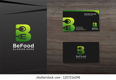 Good Food logo design. Vector color Letter B with business card template. Graphic fork icon symbol for cafe, restaurant, cooking business. Modern linear catering label, Elegant corporate identity.