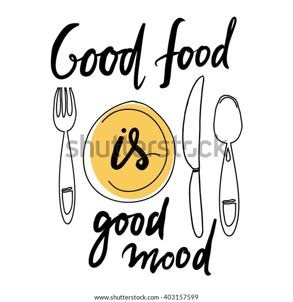 おいしい食べ物はムードが良い レストラン カフェ メニューの手書き 皿 フォーク ナイフ スプーン のベクター画像素材 ロイヤリティフリー