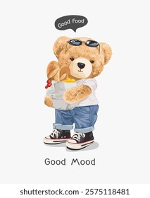 good food good mood slogan with bear doll holding grocery bag vector illustration