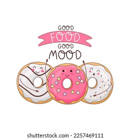 Buena comida para el buen humor. Ilustración vectorial de un personaje de donut. Ilustración al estilo doodle. Perfecto para uso en cafés, panaderías o sitios web del fabricante, pegatinas, postales, carteles o afiches.