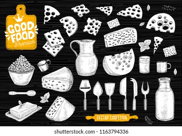 Good food premium market, logo design, cheese shop, cheese milk vector collection. Milk house products, food shop. cutting board, knife, fork, spoon, rolling pin. Hand drawn vector illustration.