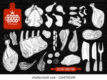 Good food premium market, logo design, butcher shop, meat vector collection. Butcher house products, food shop. axe, cutting board, knife, fork, rolling pin. Hand drawn vector illustration.