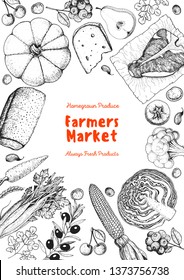 Good food store concept. Organic food illustration. Farmers market design elements. Hand drawn sketch. Various food frame. 