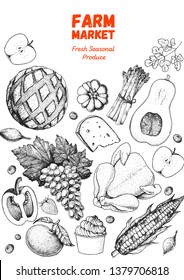 Good food store design concept. Various food frame.  Organic food illustration. Farmers market design elements. Hand drawn sketch.