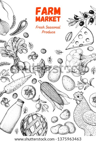 Good food store design concept. Various food frame.  Organic food illustration. Farmers market design elements. Hand drawn sketch.