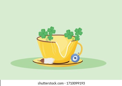 Good fortune flat concept vector illustration. Broken cup with four leaf clovers and luck charms 2D cartoon composition for web design. Common superstition, positive signs and amulets creative idea