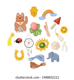 Good fortune symbol set. China cat Maneki, hamsa sign ,rainbow in the clouds. ladybug, horseshoe, clover amulets, talismans. Lucky symbols clipart. Vector illustration