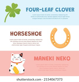 Good fortune symbols posters set, four-leaf clover, horseshoe and maneki neko, flat vector illustration. Horizontal flyers with concept of good luck talismans from different cultures.