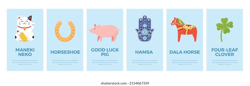 Good fortune talismans posters set, flat vector illustration. Maneki neko, horseshoe, pig, hamsa hand, dala horse and four-leaf clover. Different cultures lucky amulets.