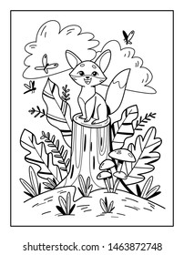 Good fox sitting on stump. Coloring book for kids. Cartoon vector illustration for prints, posters, t-shorts and postcards.