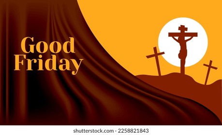 Good friday background, banner, card, poster, landscape and template. Silhouette Crucifixion of Jesus Christ on Calvary with three crosses. Christian holy week concept design. Vector art illustration.
