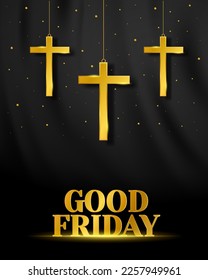 Good Friday background with gold three hanging crosses. Dark silk cloth texture, shiny satin curtain with waves and drapery. Christian holy week concept design. Vector art illustration.