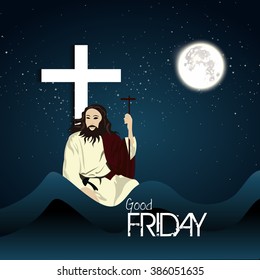 Good Friday background illustration with Jesus holding cross in moon light.