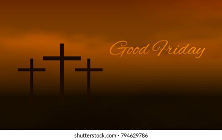 Good friday background. Silhouette of three cross crucifix in a fog