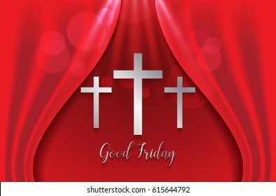 Good Friday. Background with silver cross on luxury curtain Vector illustration.