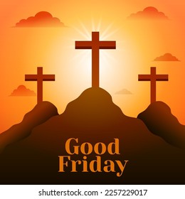 Good Friday background with three crosses on the mountain. Christian holy week concept design. Good for banner, greeting card, template, poster. Vector art illustration.