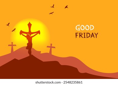 Good Friday background with three crosses on the mountain. Good for banner, greeting card, template, poster. Vector art illustration