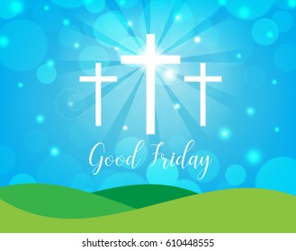 Good Friday. Background with white cross and sun rays in the sky. Vector illustration.
