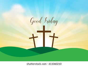 Good Friday. Background with white cross and sun rays in the sky. Vector illustration.