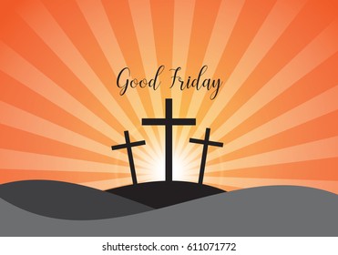 Good Friday. Background with white cross and sun rays in the sky. Vector illustration.