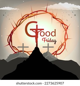 Good Friday banner design of Jesus Christ Crucifixion. Crown of thorns with Jesus cross.