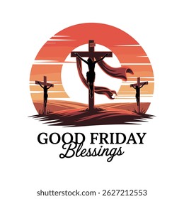 Ilustração de Bênçãos de Sexta-Feira Santa com Crucificação e Pôr do Sol.