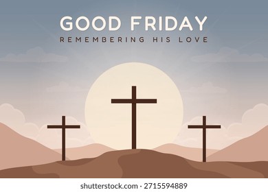 Good Friday Christian background with three crosses on Calvary hill at sunset.