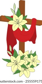 Good friday. Cross religious symbol. Crucifixion and resurrection Jesus Christ. Cross with lilies.