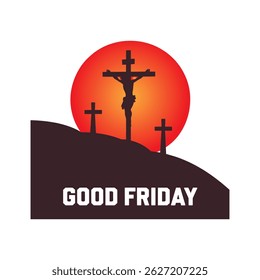 Good Friday Cross Silhouette with Red Sunset Background.