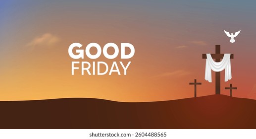 Good Friday cross with white cloth in sunset vector poster