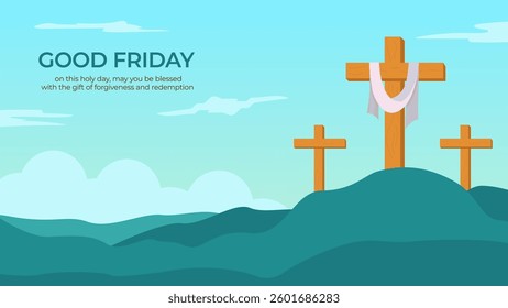Good Friday Crosses on Hill with Cloth - Easter Celebration Illustration