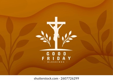 good friday crucifix brown background with leaves design vector