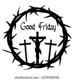 Good friday crucifixion Easter religious vector illustration - Black silhouette of Crown of thorns icon symbol and crucifix cross with jesus, isolated on white background