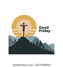Good Friday Crucifixion Illustration with Sunset Background on Mountain.