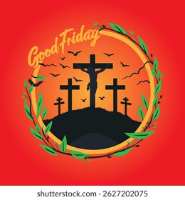Good Friday Crucifixion Scene with Crosses, Sunset, and Wreath Illustration.