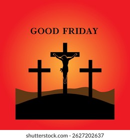Good Friday Crucifixion Silhouette with Three Crosses on Hill and Sunset Background.