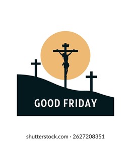 Good Friday Crucifixion Silhouette with Three Crosses and Sun on White Background.