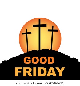 Good friday Easter background panorama vector illustration with text - Silhouette of Crucifixion of Jesus Christ with sunrise sunbeams and three crucifix crosses on rock, isolated on white background