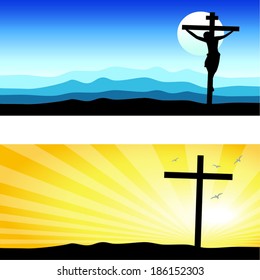 Good Friday & Easter day background. Vector illustration of Jesus Christ's crucifixion silhouette and Resurrection. 