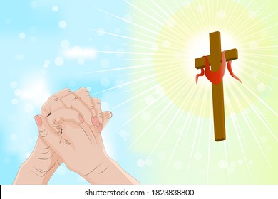 Good Friday and Easter day for christian religious occasion with religious symbol cross. Background with praying hands, wooden cross and sun rays in the sky. Holy week catholic tradition. Stock vector