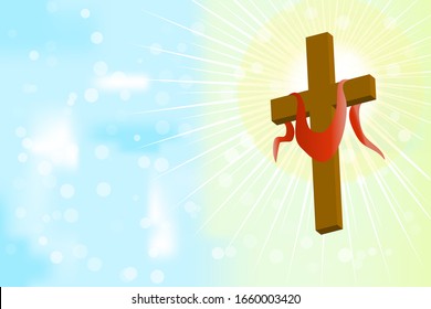 Good Friday and Easter day vector illustration for christian religious occasion with religious symbol cross. Background with wooden cross and sun rays in the sky. Holy week catholic tradition