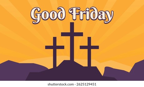 Good Friday Easter yellow background with cross and sunset vector	