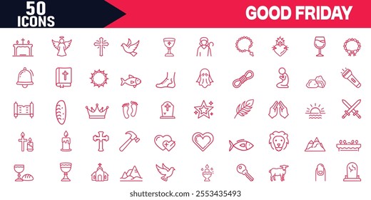 Good Friday Editable Stroke Outline Web Icons Set, Palm, Wine Bowl, Cock, Crown of Thorns, Nails, Mallet, Cross, and Tomb Good Friday Symbols on White Background