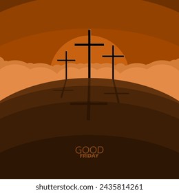 Good Friday event banner. Three crosses on the hills at sunset to commemorate on March 29