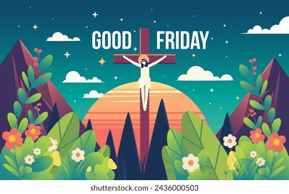 Good Friday Flat Vector Poster Background Illustration with Jesus Christ and Cross 